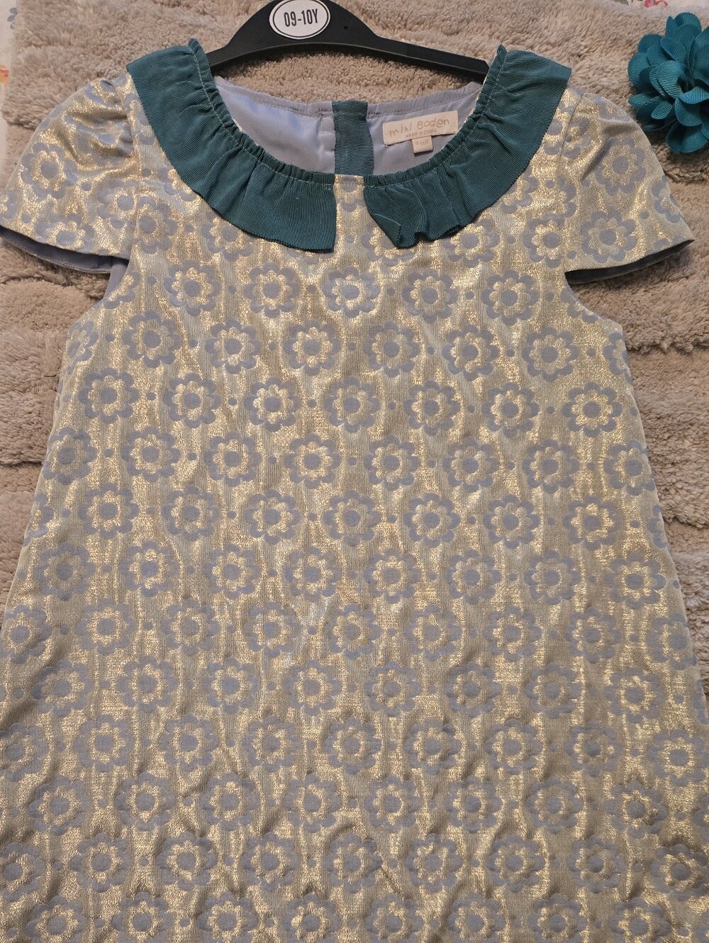 Mini Boden Metallic Gold and Teal Floral A-Line Dress
